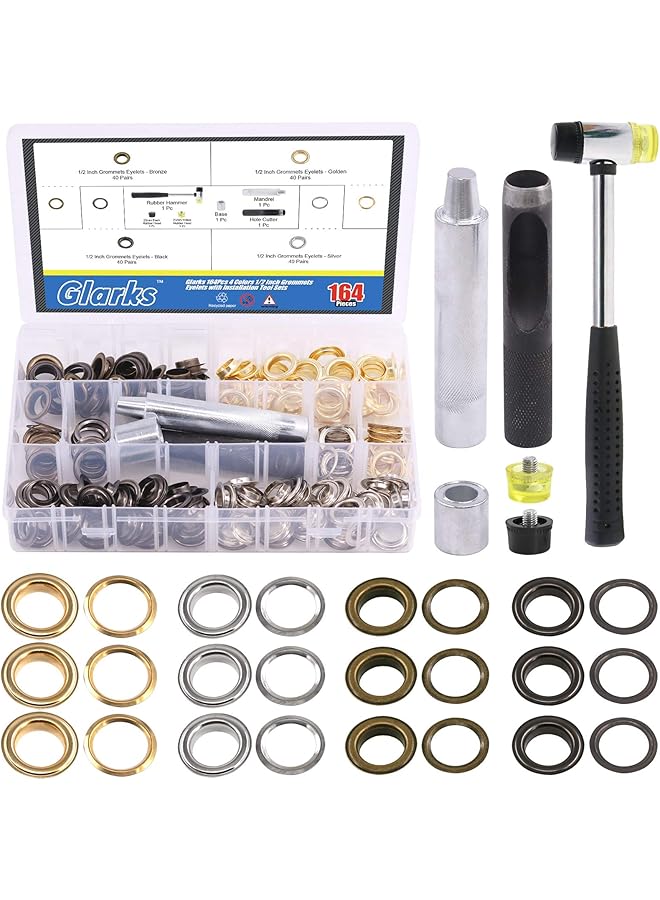 Glarks 164Pcs 1/2 Inch Grommets Eyelets with Tool Sets, 160Pcs 4 Colors Grommets Eyelets with 4Pcs Installation Tools for Fabric, Canvas, Curtain, Clothing, Leather Repair and Decoration - Image 1