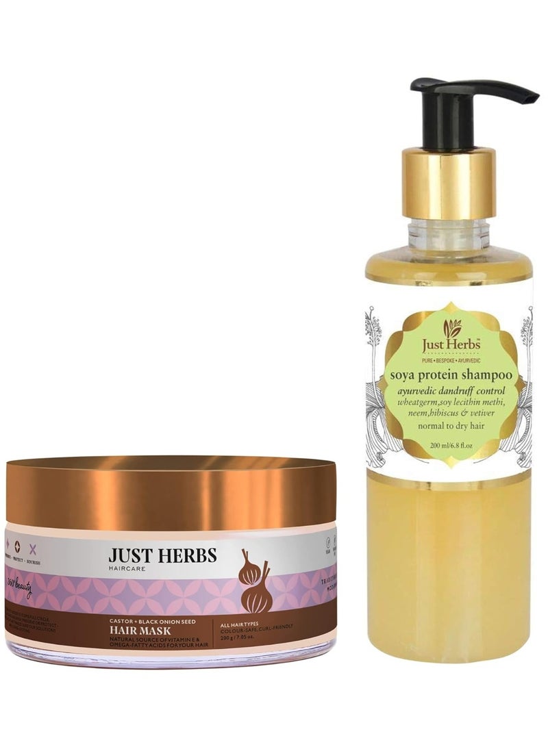 Just Herbs Dandruff Control Ayurvedic Soya Protein Shampoo 200ml & Just Herbs Anti Hairfall Natural Hair Mask with Castor & Black Onion Seed for Dandruff, Boost Hair Growth & Hair Spa - 200gm - Image 1