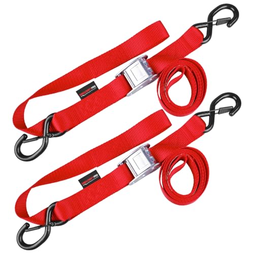AWELCRAFT Motorcycle Tie Down Straps (2 Pack) Lab Tested 3,300lb Break Strength, Steel Cambuckle Tiedown Set with Integrated Soft Loops - Better Than a Ratchet Red - Image 1