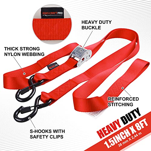 AWELCRAFT Motorcycle Tie Down Straps (2 Pack) Lab Tested 3,300lb Break Strength, Steel Cambuckle Tiedown Set with Integrated Soft Loops - Better Than a Ratchet Red - Image 2