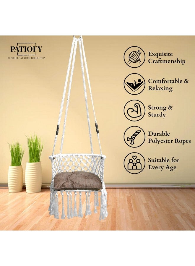 Patiofy أرجوحة باتيوفي بريميوم على شكل C للبالغين للمنزل / أرجوحة للشرفة / أرجوحة للأطفال / كرسي أرجوحة معلق / أرجوحة للحديقة / تشمل وسادة بنية على شكل D ومجموعة تعليق / سعة 150 كجم - أبيض - Image 5