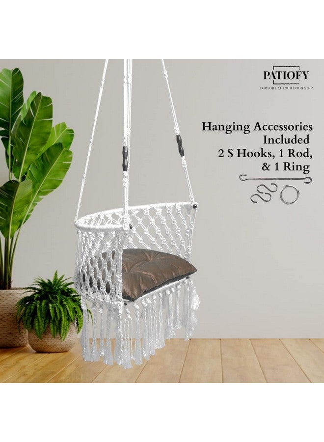 Patiofy أرجوحة باتيوفي بريميوم على شكل C للبالغين للمنزل / أرجوحة للشرفة / أرجوحة للأطفال / كرسي أرجوحة معلق / أرجوحة للحديقة / تشمل وسادة بنية على شكل D ومجموعة تعليق / سعة 150 كجم - أبيض - Image 2