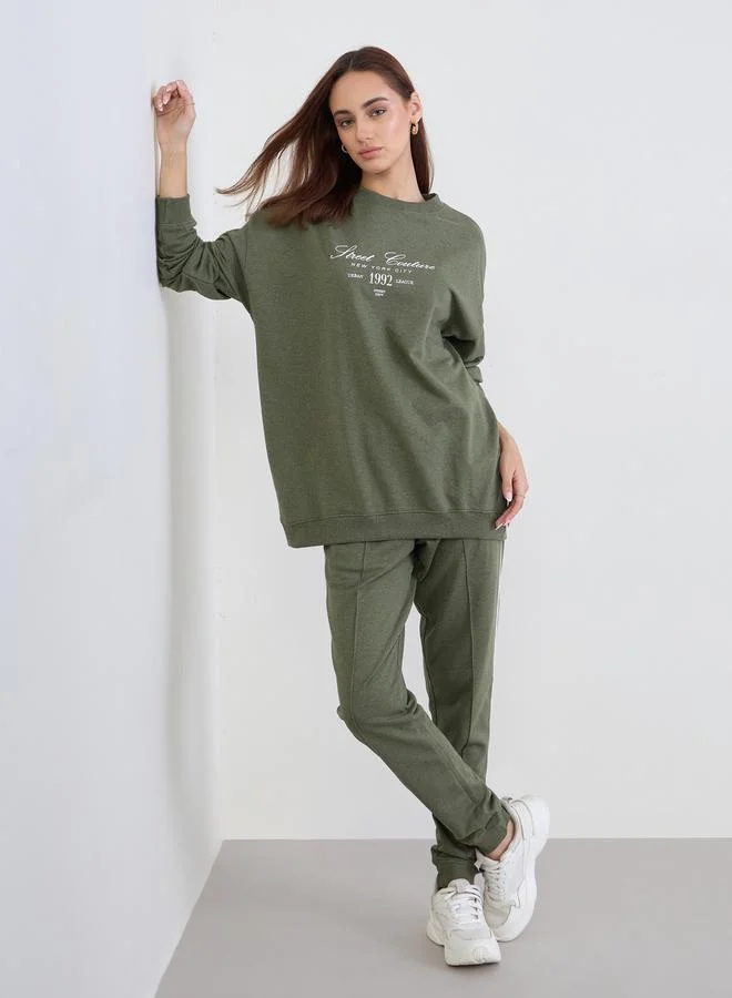Styli Styli Olive Oversized Longline Sweatshirt and Joggers Co-Ords
