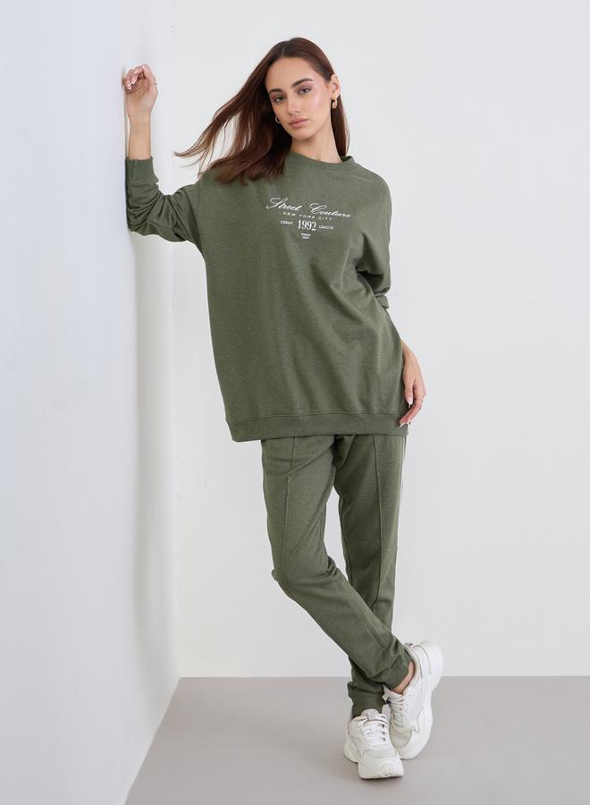 Styli Olive Oversized Longline Sweatshirt and Joggers Co-Ords - Image 1