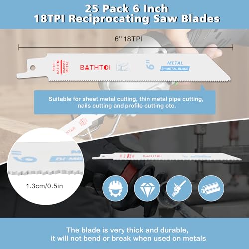 BATHTOI 25 Pack 6 Inch 18 Tpi Reciprocating Saw Blades for Sheet Metal, Pipes, Nails Cutting, Profiles, Bi-Metal Sawzall Blades with 8% Cobalt for Longer Life and Faster Cutting Speed - Image 5