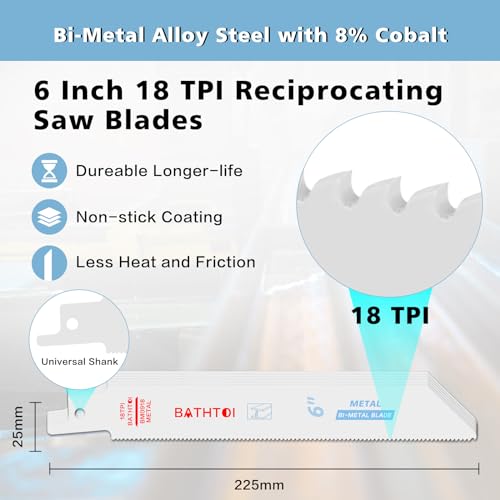 BATHTOI 25 Pack 6 Inch 18 Tpi Reciprocating Saw Blades for Sheet Metal, Pipes, Nails Cutting, Profiles, Bi-Metal Sawzall Blades with 8% Cobalt for Longer Life and Faster Cutting Speed - Image 2