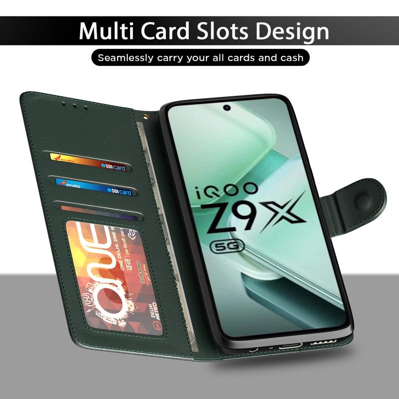 Pikkme Flip Cover for IQOO Z9x 5G Leather Finish | Inside TPU with Card Pockets | Wallet Stand and Shock Proof | Complete Protection Flip Case(Green) - Image 5