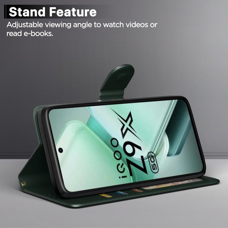 Pikkme Flip Cover for IQOO Z9x 5G Leather Finish | Inside TPU with Card Pockets | Wallet Stand and Shock Proof | Complete Protection Flip Case(Green) - Image 3