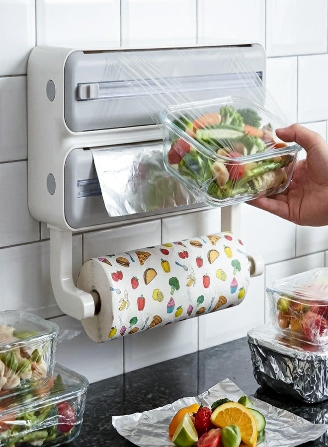CLAPONE Wrap Organizer with Cutter Plastic Wrap Dispenser 3 in 1 Compatible with Cling Film Paper Towel Holder/Tin Foil and Roti Paper Cutter/Aluminum Foil/Butter Paper/Roti Wrap/Food Wrap Roll-Grey - Image 1
