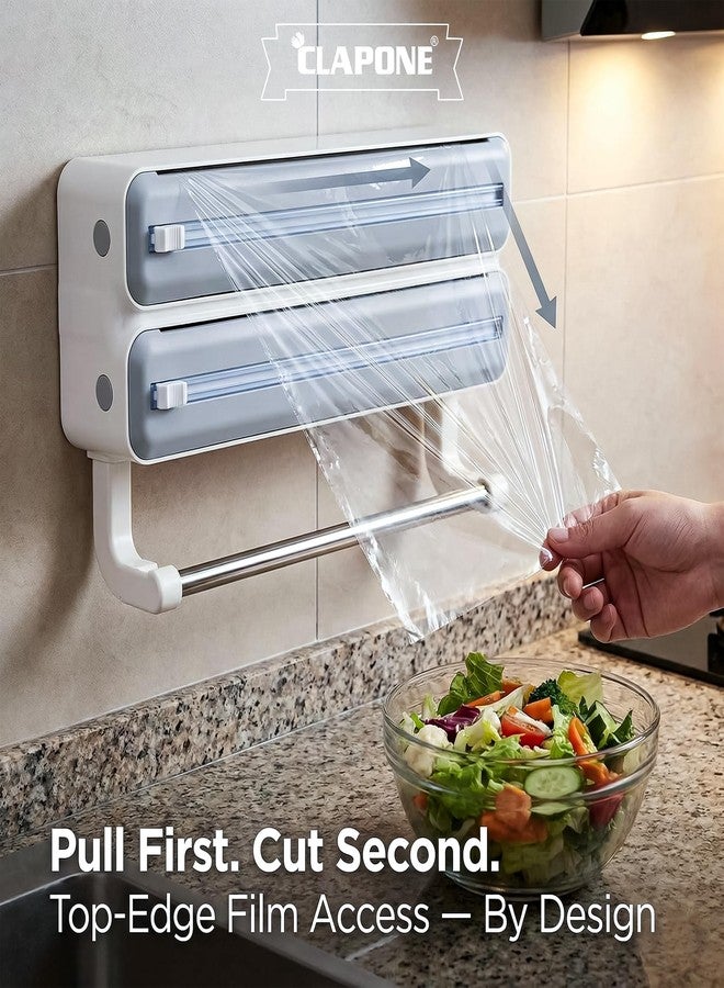 CLAPONE Wrap Organizer with Cutter Plastic Wrap Dispenser 3 in 1 Compatible with Cling Film Paper Towel Holder/Tin Foil and Roti Paper Cutter/Aluminum Foil/Butter Paper/Roti Wrap/Food Wrap Roll-Grey - Image 3
