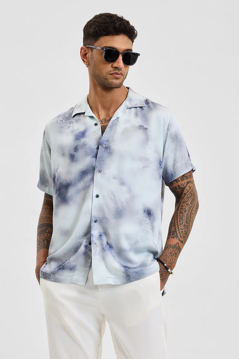 سنيتش Light Blue Abstract Half Sleeve Boxy Casual Shirt