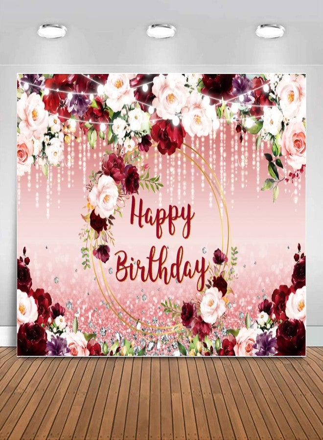 Sensfun Burgundy Floral Birthday Backdrop Pink Rose Gold Flower Glitter Dot Happy Birthday Banner Photography Background for Women Girls Birthday Party Decorations Supplies Photo Booth Backdrops 7x5ft - Image 1
