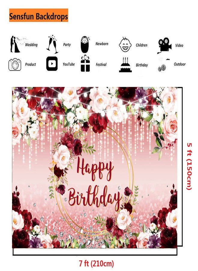 Sensfun Burgundy Floral Birthday Backdrop Pink Rose Gold Flower Glitter Dot Happy Birthday Banner Photography Background for Women Girls Birthday Party Decorations Supplies Photo Booth Backdrops 7x5ft - Image 5