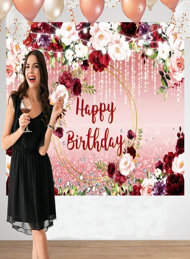 Sensfun Burgundy Floral Birthday Backdrop Pink Rose Gold Flower Glitter Dot Happy Birthday Banner Photography Background for Women Girls Birthday Party Decorations Supplies Photo Booth Backdrops 7x5ft - Image 4