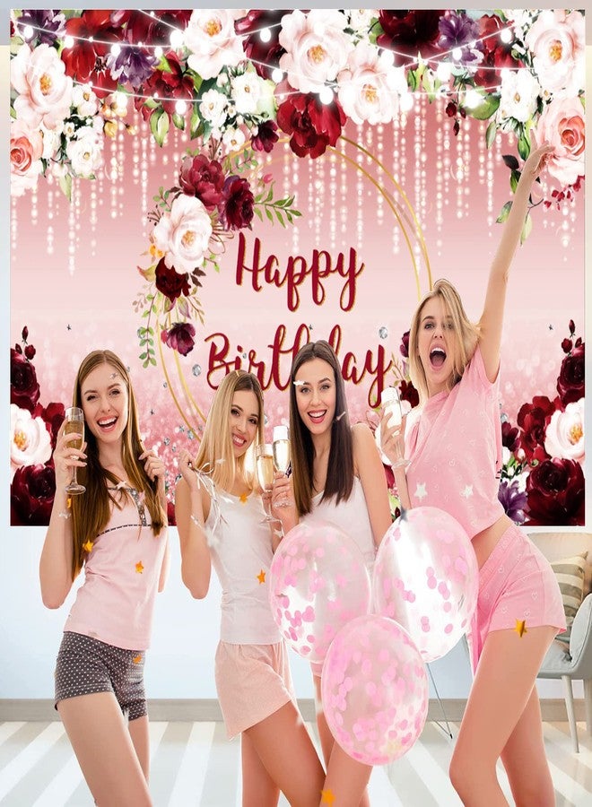 Sensfun Burgundy Floral Birthday Backdrop Pink Rose Gold Flower Glitter Dot Happy Birthday Banner Photography Background for Women Girls Birthday Party Decorations Supplies Photo Booth Backdrops 7x5ft - Image 2