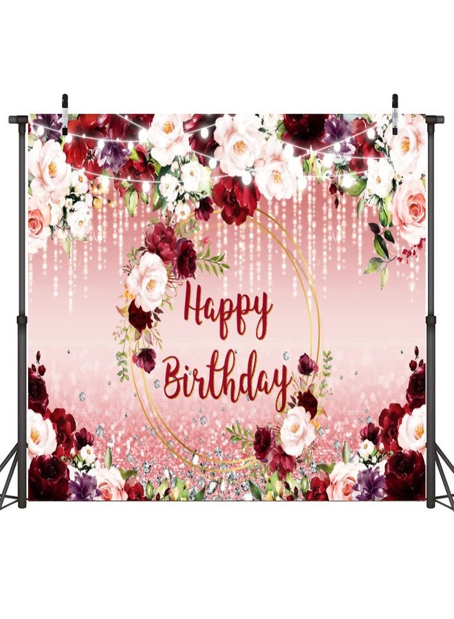Sensfun Burgundy Floral Birthday Backdrop Pink Rose Gold Flower Glitter Dot Happy Birthday Banner Photography Background for Women Girls Birthday Party Decorations Supplies Photo Booth Backdrops 7x5ft - Image 3