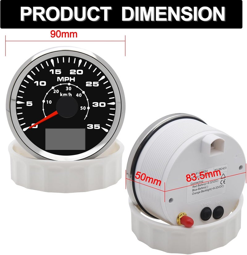 Geloo 85MM Boat GPS Speedometer Gauge, Waterproof Marine Speedometer 0-35MPH 0-50Km/h with 7 Colors Backlight, 9-32V Universal - Image 4