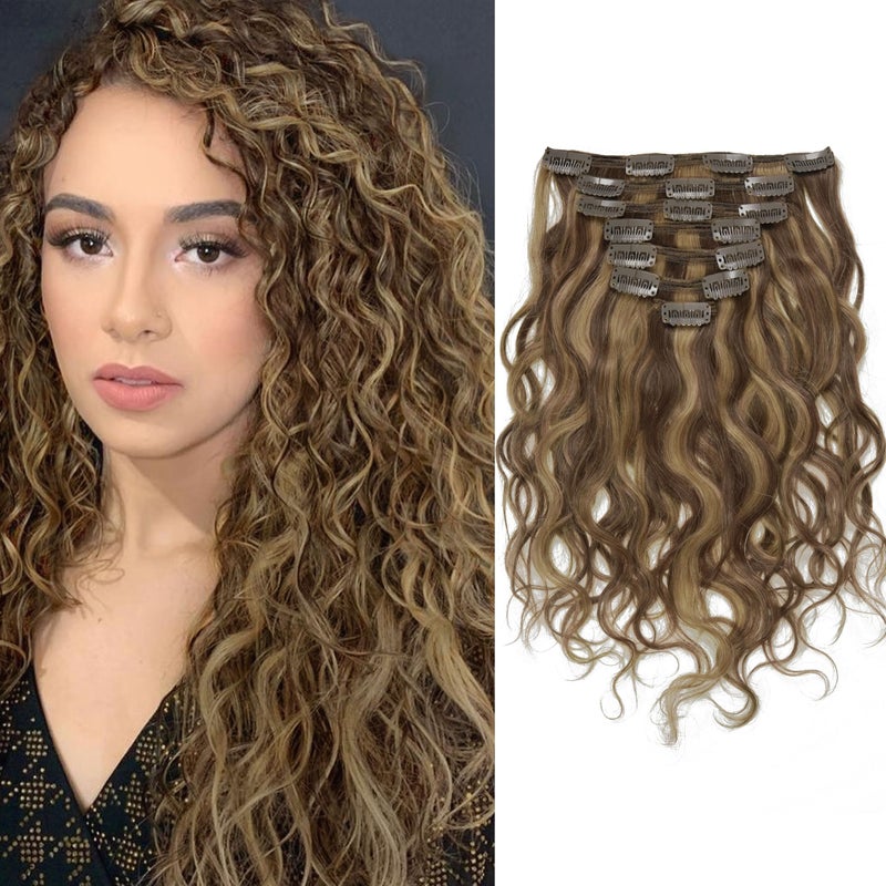Caliee 16 inch Full Head Natural Wave Curly Clip in Human Hair Extensions Highlight Dark Brown Mixed with Strawberry Blonde for Women Thick End Real Remy Hair Extension Clip ins 120g 7pcs Color P427