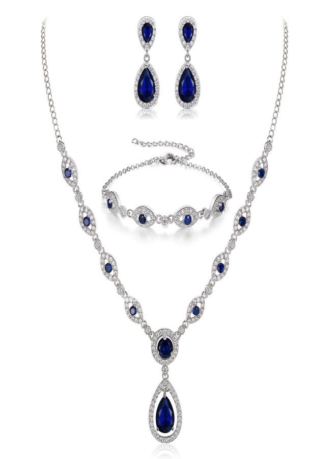 BriLove Wedding Bridal Jewelry Set for Women Cubic Zirconia Teardrop Y-Necklace Link Bracelet Dangle Earrings Sapphire Color Silver-Tone - Image 1