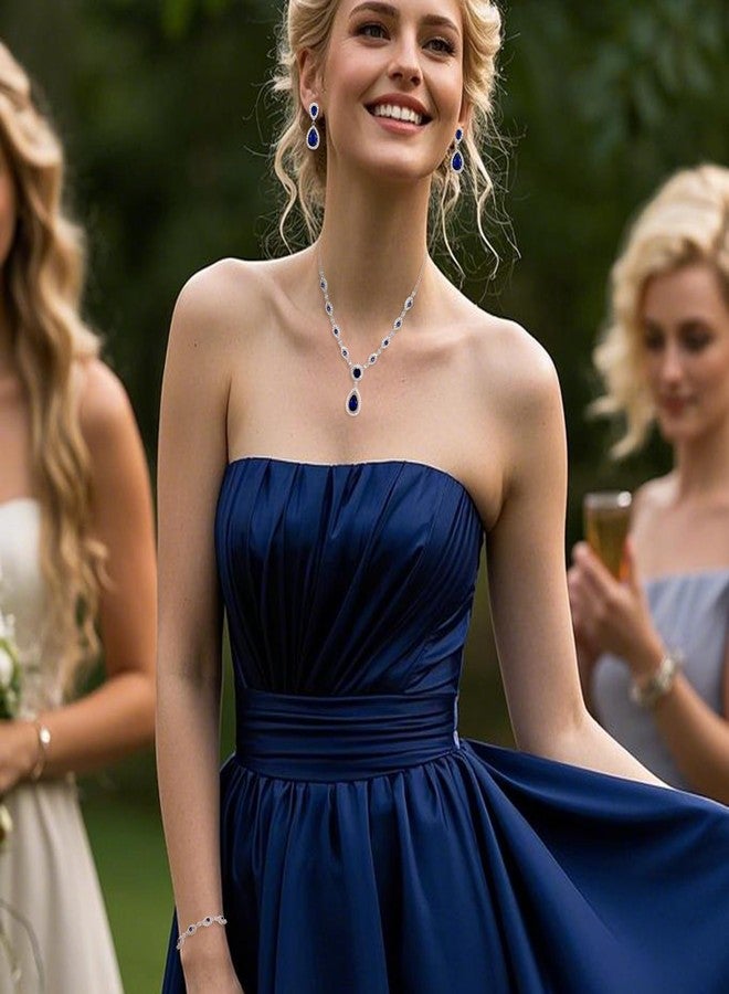 BriLove Wedding Bridal Jewelry Set for Women Cubic Zirconia Teardrop Y-Necklace Link Bracelet Dangle Earrings Sapphire Color Silver-Tone - Image 2