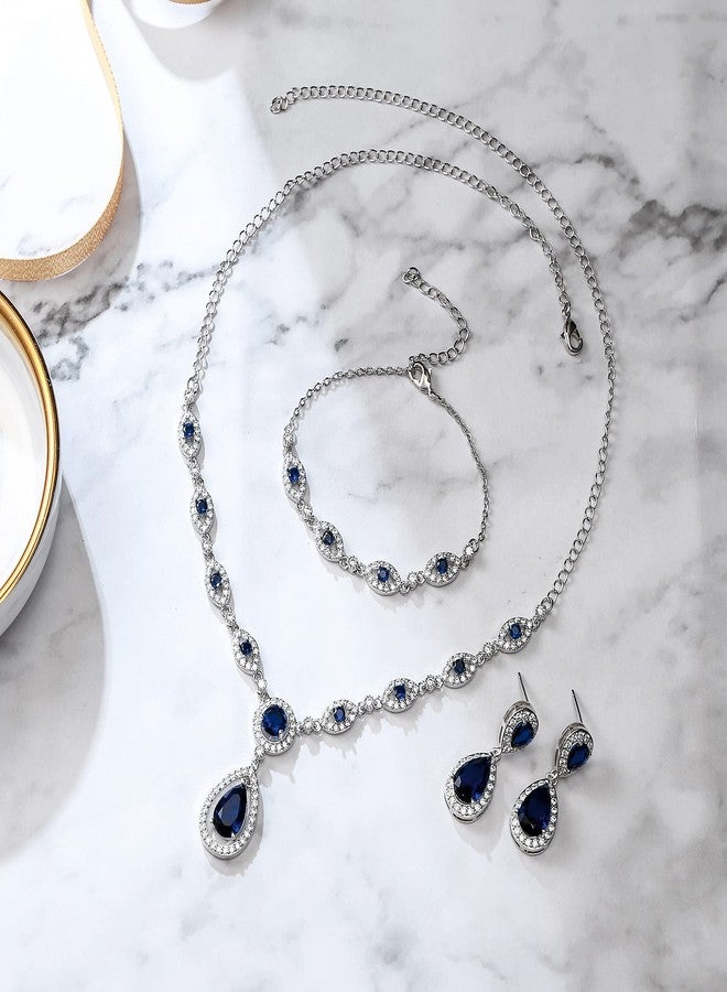 BriLove Wedding Bridal Jewelry Set for Women Cubic Zirconia Teardrop Y-Necklace Link Bracelet Dangle Earrings Sapphire Color Silver-Tone - Image 5