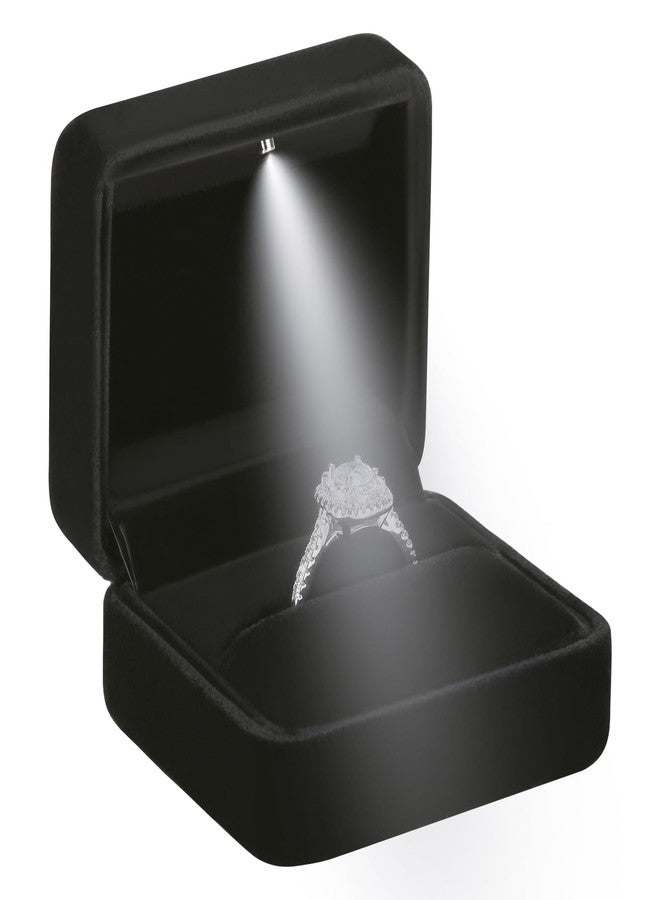 LETURE Classic Metal Glossy Jewelry Ring Box with LED Light, Velvet Ring Gift Box for Proposal Engagement Wedding Anniversary Birthday Ceremony (Black) - Image 1