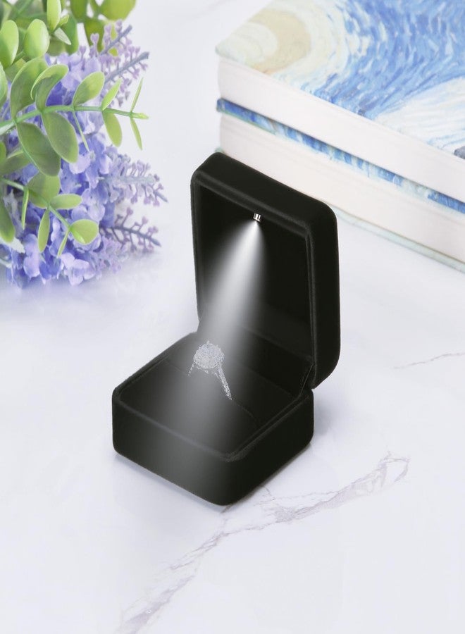 LETURE Classic Metal Glossy Jewelry Ring Box with LED Light, Velvet Ring Gift Box for Proposal Engagement Wedding Anniversary Birthday Ceremony (Black) - Image 4