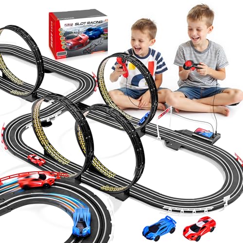 FuBegi Slot Car Race Track Set for Kids Ages 612 Boys Girls Dual Racing Game 2 HighSpeed Cars 164 Scale Battery or Electric Powered Plugin Track Gift Toy Stocking Stuffers for Children - Image 1