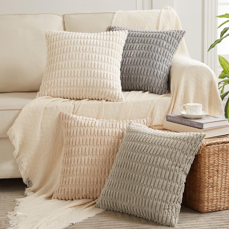 Fancy Homi 4 Packs Neutral Decorative Throw Pillow Covers 16x16 Inch for Living Room Couch Bed Sofa Rustic Farmhouse Boho Neutral Home Decor Soft Plush Striped Corduroy Square Cushion Case 40x40 cm