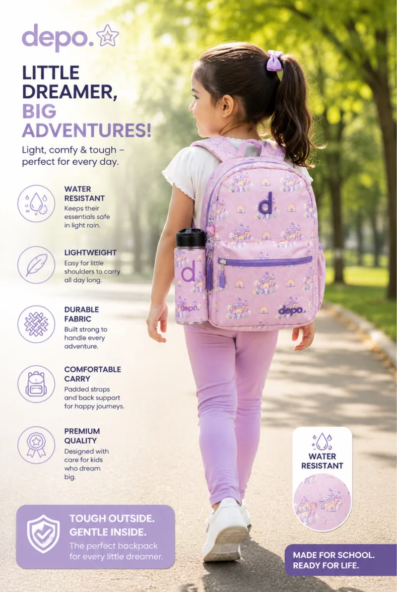 Depo DEPO 4-Piece School Bag Set for Girls – 35.5 cm Pink Castle Backpack with Insulated Lunch Bag, Matching Pencil Case & 500ml Water Bottle