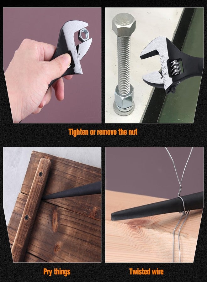 مفتاح ربط قابل للتعديل من LEONTOOL مقاس 8 بوصات مصنوع من أكسيد أسود للإنشاءات مع مقياس SAE ومقياس متري، يحمل علامة للصواميل والمسامير التي يصل قطرها إلى 30 مم، وفتحات المحاذاة، ومخل الذيل. - Image 3