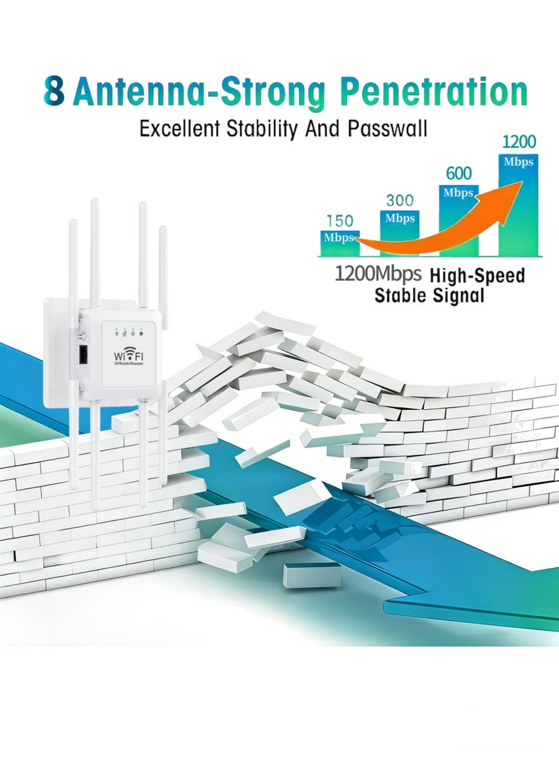 أورييل مكرر إشارة WiFi لاسلكي بسرعة 1200 ميجابت في الثانية، موسع نطاق لاسلكي ثنائي النطاق (5G/2.4G)، مقوي إشارة لاسلكي مزود بـ 8 هوائيات، موسع لنطاق راوتر الإنترنت، مزود بمنفذ إيثرنت، يدعم 3 أوضاع تشغيل، تغطية شاملة بزاوية 360 درجة. - Image 2