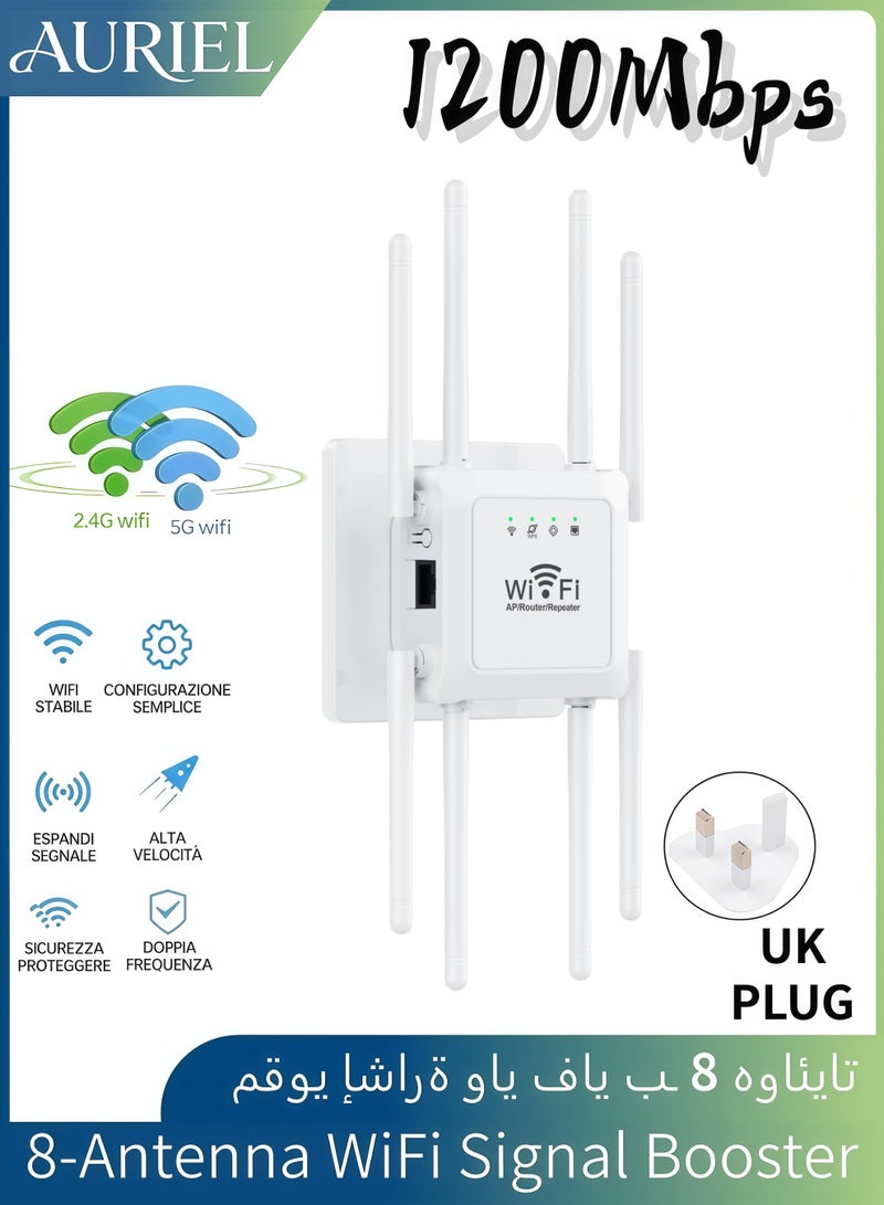 أورييل مكرر إشارة WiFi لاسلكي بسرعة 1200 ميجابت في الثانية، موسع نطاق لاسلكي ثنائي النطاق (5G/2.4G)، مقوي إشارة لاسلكي مزود بـ 8 هوائيات، موسع لنطاق راوتر الإنترنت، مزود بمنفذ إيثرنت، يدعم 3 أوضاع تشغيل، تغطية شاملة بزاوية 360 درجة. - Image 1