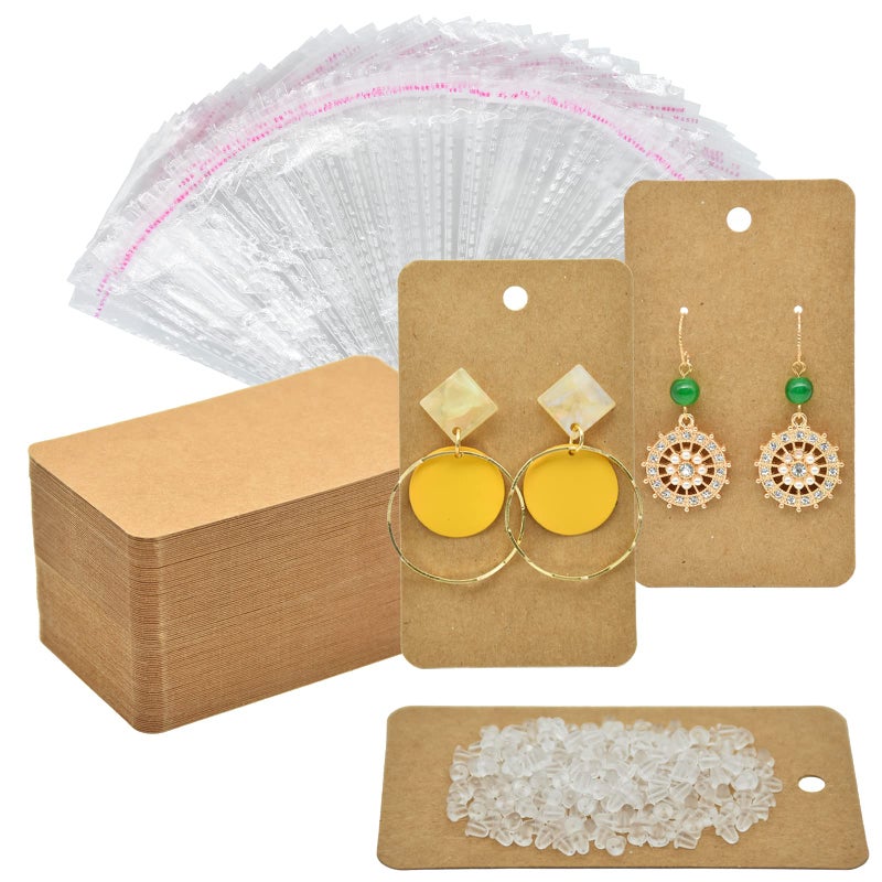 Twavang Earring Display Cards with 100Pcs Earring Holder Cards, 100 Pairs Clear Earring Backs and 100Pcs Self Adhesive Bags for Earrings Jewelry Display (Brown, 3.5" x 2") - Image 1