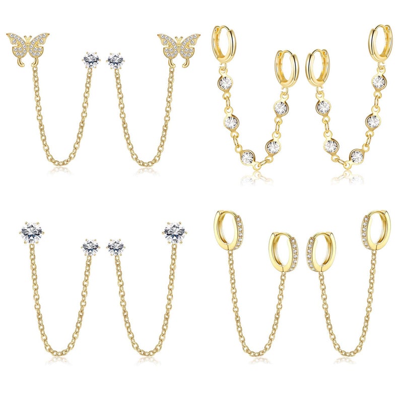THUNARAZ 4 Pairs Trendy Chain Earrings for Women 14K Gold Plated Double Piercing Butterfly Dangle Hoop Earrings Sparkled CZ Chain Hoop Cartilage Studs Earrings Set - Image 1
