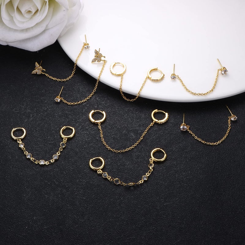 THUNARAZ 4 Pairs Trendy Chain Earrings for Women 14K Gold Plated Double Piercing Butterfly Dangle Hoop Earrings Sparkled CZ Chain Hoop Cartilage Studs Earrings Set - Image 5