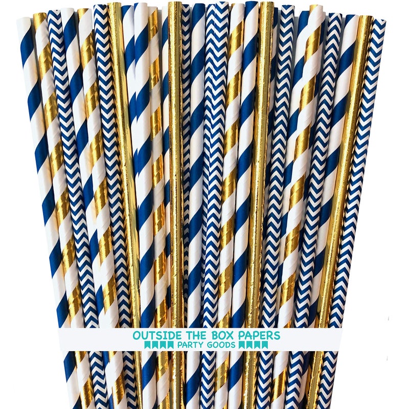 Outside the Box Papers Navy Blue and Gold Foil Paper Straws  Stripe Chevron Solid  100 Pack