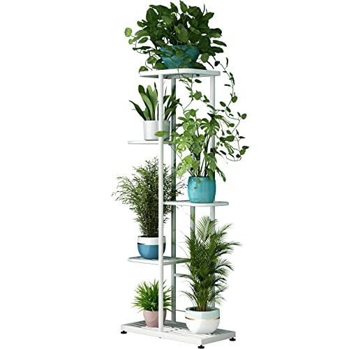 LINZINAR Plant Stand Metal 5 Tier 6 Potted Multiple Flower Pot Holder Shelf Indoor Outdoor Planter Display Shelving Unit for Patio Garden Corner Balcony Living Room (5 Tier 6 Potted, White) - Image 1