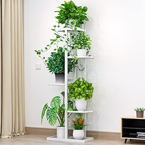 LINZINAR Plant Stand Metal 5 Tier 6 Potted Multiple Flower Pot Holder Shelf Indoor Outdoor Planter Display Shelving Unit for Patio Garden Corner Balcony Living Room (5 Tier 6 Potted, White) - Image 3