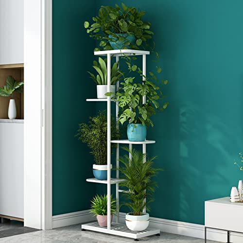 LINZINAR Plant Stand Metal 5 Tier 6 Potted Multiple Flower Pot Holder Shelf Indoor Outdoor Planter Display Shelving Unit for Patio Garden Corner Balcony Living Room (5 Tier 6 Potted, White) - Image 2