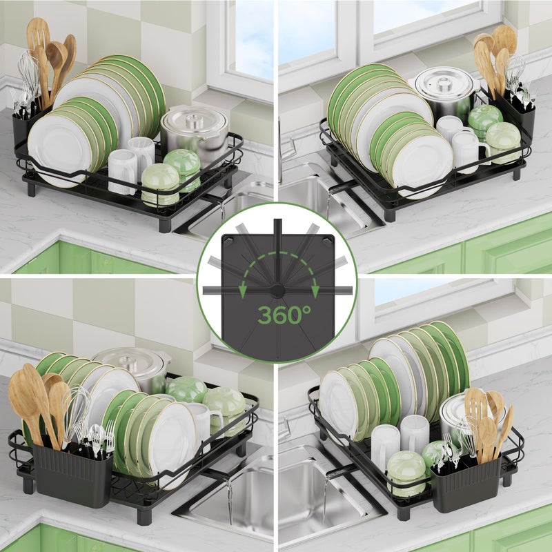 ROTTOGOON Dish Drying Rack, Stainless Steel Rustproof Dish Rack for Kitchen Counter, Sturdy Dish Drainer with Drainboard, Drainage, Utensil Holder for Various Kitchenware, 16.2"(L) x 12.6"(W), Black - Image 3