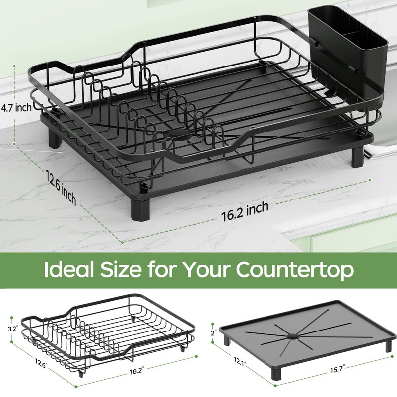 ROTTOGOON Dish Drying Rack, Stainless Steel Rustproof Dish Rack for Kitchen Counter, Sturdy Dish Drainer with Drainboard, Drainage, Utensil Holder for Various Kitchenware, 16.2"(L) x 12.6"(W), Black - Image 4