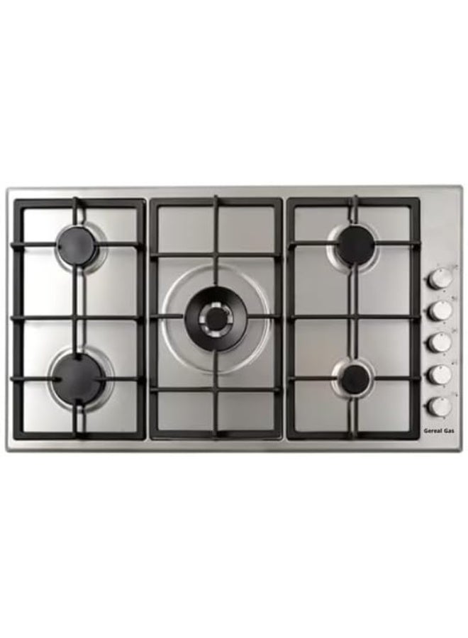 سطح غاز مدمج تركي، 5 عيون غاز، مقاس 60×90 سم، مفاتيح تحكم امامية، فضي - Image 1