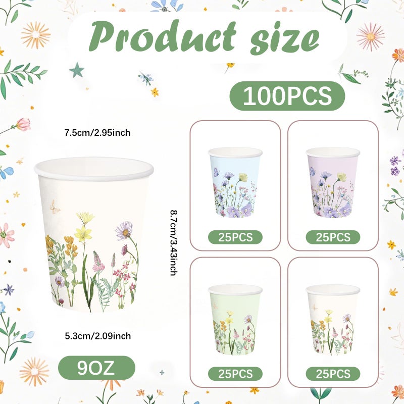 RUSPEPA RUSPEPA Disposable Paper Cups 9oz - 100 Pack Wild Flower Design Printed Paper Coffee Drinking Cups  Thickened Paper Style for Hot/Cold Beverages  Home  Office and Party Supplies  - Image 1