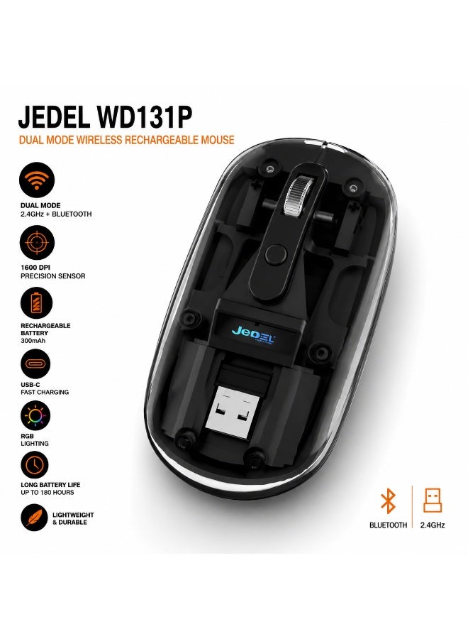 جي ديل ماوس لاسلكي قابل لإعادة الشحن بتقنية البلوتوث WD131P - نقرات صامتة، دقة قابلة للتعديل تصل إلى 1600 نقطة في البوصة، إضاءة RGB وعمر بطارية يصل إلى 180 ساعة (أسود) - Image 5