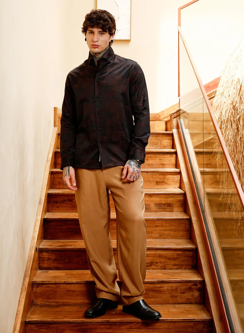 Campus Sutra Men Dark-Tone Flora-Block Jacquard Shirt | Button-Down One-Piece Collar Long Cuffed Sleeves | Button Closure Curved Hem | Floral Jacquard | Woven Fabric For Casual & Party Wear | Brown