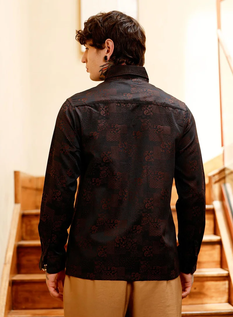 Campus Sutra Men Dark-Tone Flora-Block Jacquard Shirt | Button-Down One-Piece Collar Long Cuffed Sleeves | Button Closure Curved Hem | Floral Jacquard | Woven Fabric For Casual & Party Wear | Brown
