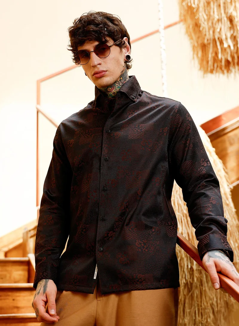 كامبوس سوترا Campus Sutra Men Dark-Tone Flora-Block Jacquard Shirt | Button-Down One-Piece Collar Long Cuffed Sleeves | Button Closure Curved Hem | Floral Jacquard | Woven Fabric For Casual & Party Wear | Brown