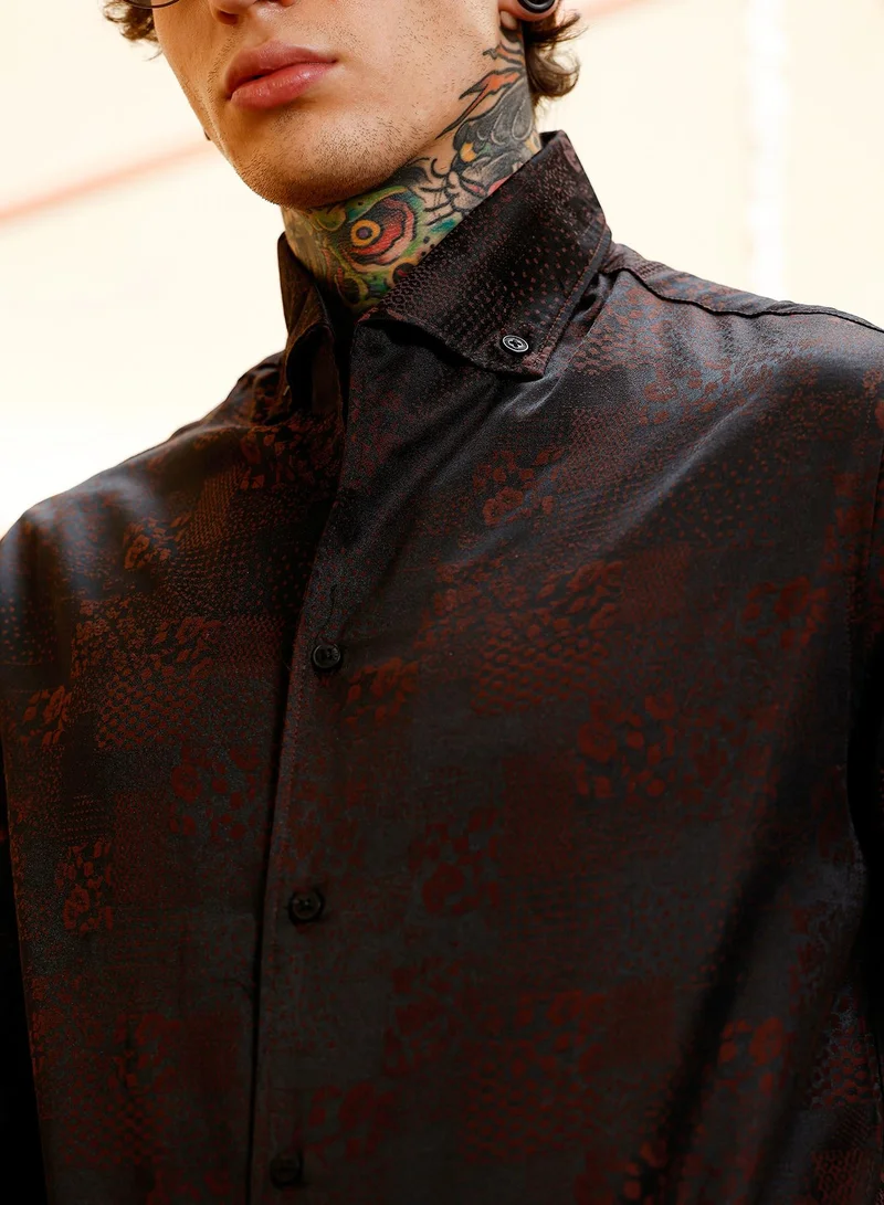 Campus Sutra Men Dark-Tone Flora-Block Jacquard Shirt | Button-Down One-Piece Collar Long Cuffed Sleeves | Button Closure Curved Hem | Floral Jacquard | Woven Fabric For Casual & Party Wear | Brown