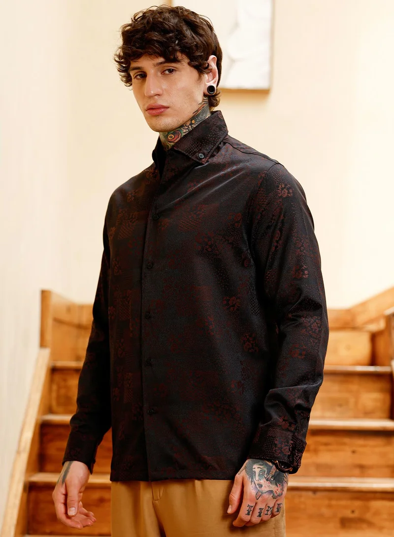 Campus Sutra Men Dark-Tone Flora-Block Jacquard Shirt | Button-Down One-Piece Collar Long Cuffed Sleeves | Button Closure Curved Hem | Floral Jacquard | Woven Fabric For Casual & Party Wear | Brown